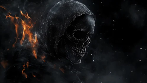 Burning hooded skull emerges from swirling black smoke.