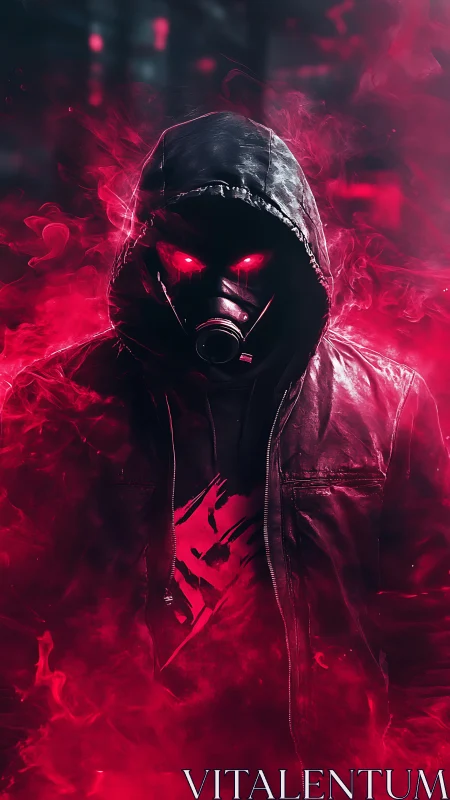 Hooded specter strides through neon-red smokestorm glare