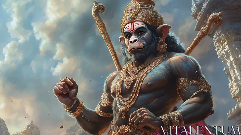 Mighty monkey warrior stands proud before ancient temples