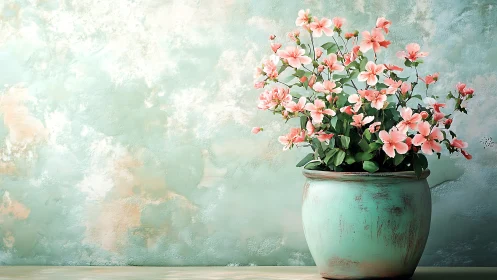 Coral Blooms Dance in Weathered Mint Elegance. Botanical Still Life.