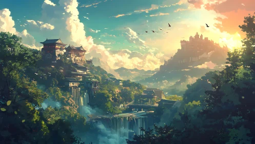 Terraced hill settlements with waterfalls and distant citadel.