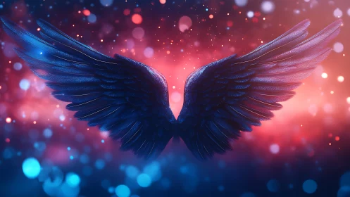 Digital painting of luminous blue angel wings in bokeh field.