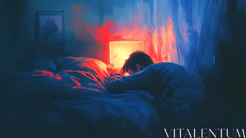 Solitary figure on bed lit by vivid window glow.