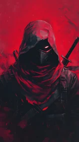 Red-hooded cyber ninja emerges from crimson shadows.