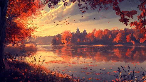 Digital landscape depicts autumn river and distant castle at dusk