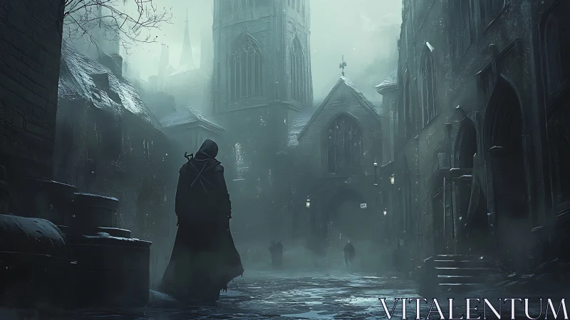 Hooded wanderer in foggy gothic alley with looming cathedral.
