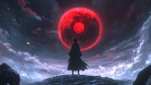 Silhouetted figure observing large red moon in stormy sky.