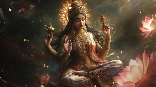 Goddess figure in golden meditation among glowing lotus blooms.