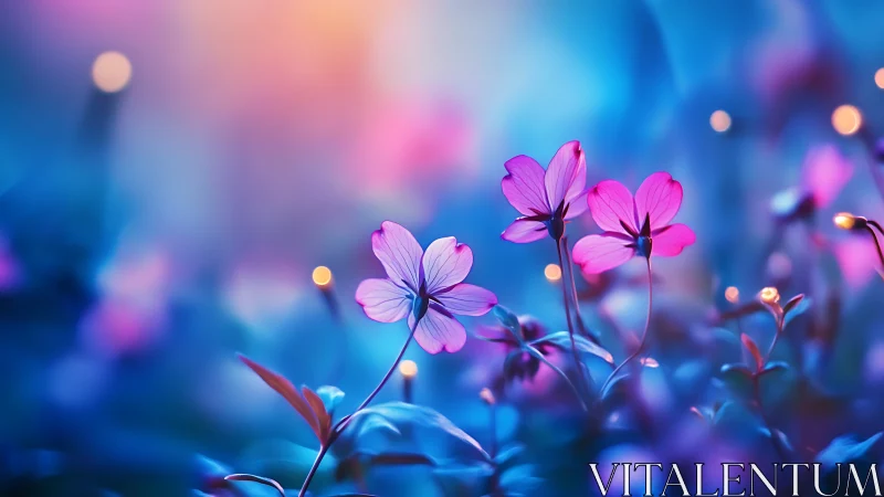 Pink Flowers in Blue Bokeh Garden Scene