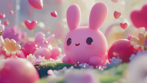 Pastel pink bunny amid floating hearts and blossoms.