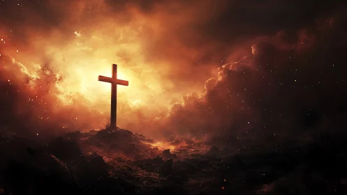 Lone wooden cross in volcanic dusk cloud illumination