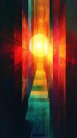 Geometric corridor with central glowing sphere and steps.