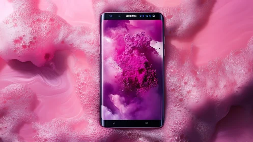 Samsung smartphone in pink liquid foam product rendering.