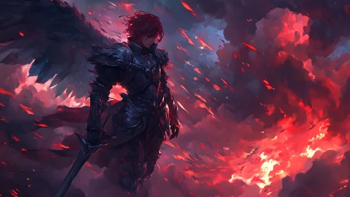 Winged armored figure in red-lit storm cloud environment.