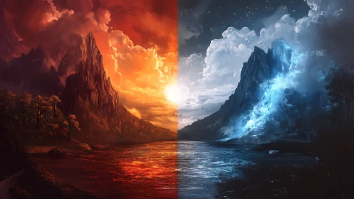 Twin elemental mountains divide a blazing and frozen sky