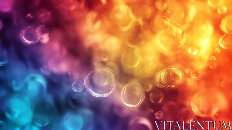 Luminous bubbles drift across radiant rainbow bokeh field.