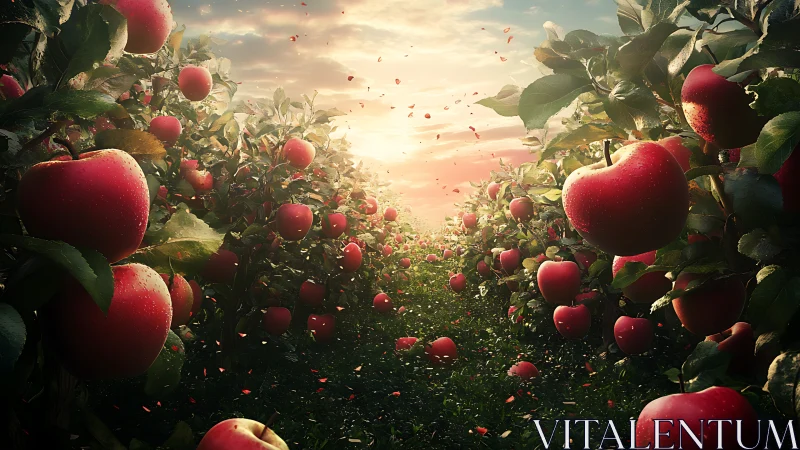 Sunlit apple corridor glows with drifting scarlet harvest.