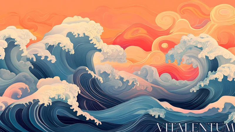Layered stylized ocean waves under swirling sunset sky.