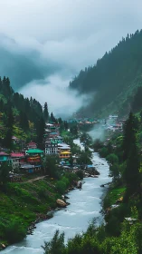 Mist-laced river valley with colorful hillside village homes.