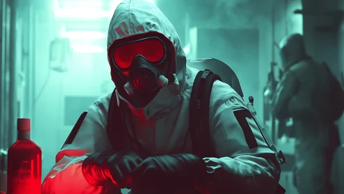 Hazmat sentinel in neon lab glow, waiting out the unknown.