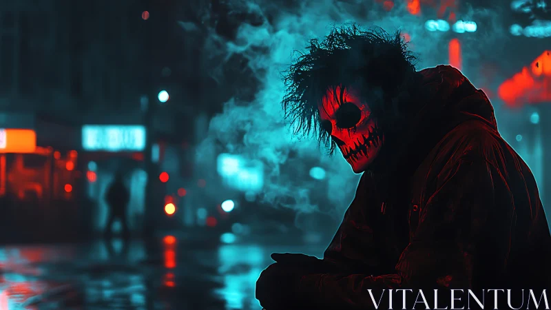 Masked figure in neon city street with heavy blue red smoke.