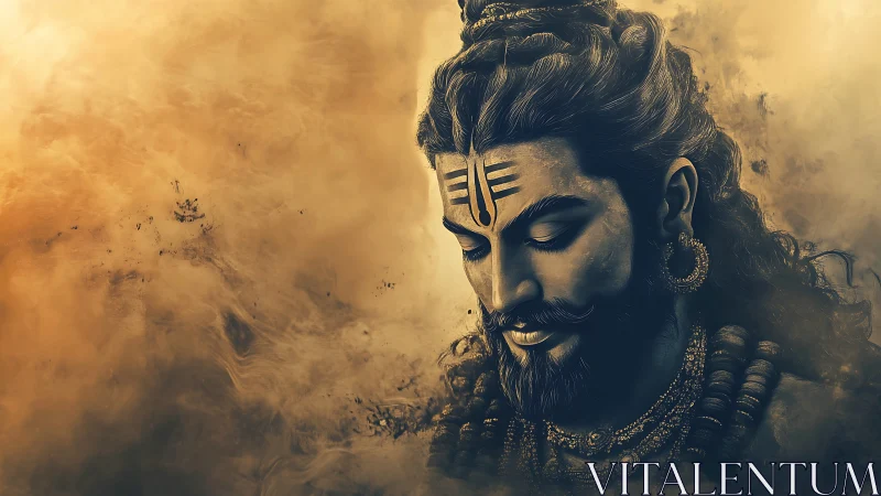 Divine male portrait in golden monochrome digital style.