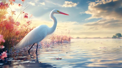 Luminous wetland egret under volumetric sunrise illumination.