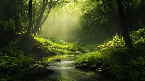 Forest Stream with Sunlight Through Canopy.