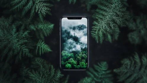 Smartphone Framing Misty Forest Landscape Between Ferns.