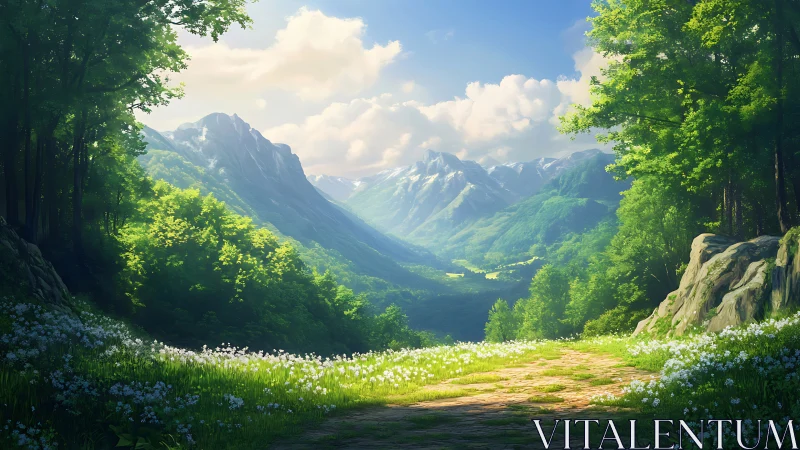 Sunlit alpine valley with forested trail rendered in digital realism