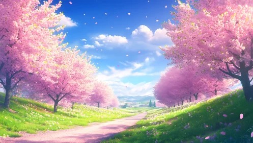 Blossoming sakura lane under vivid spring daylight skies.