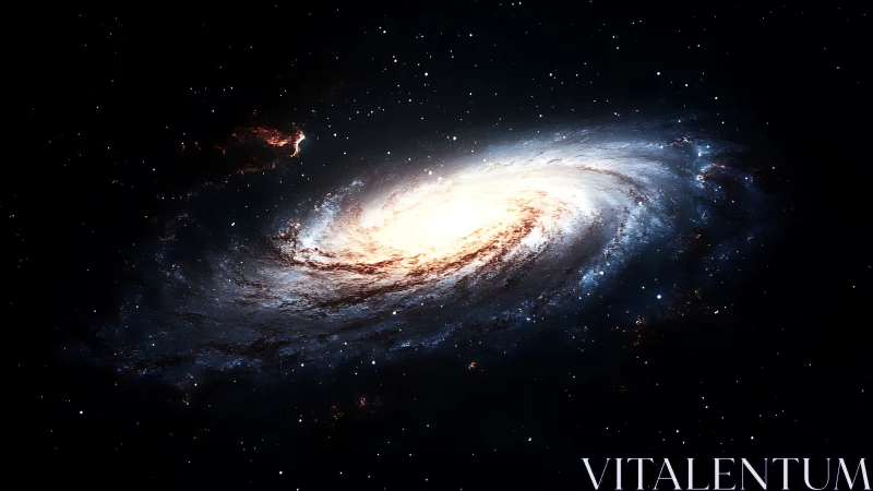 Luminous spiral galaxy swirls through deep space darkness.