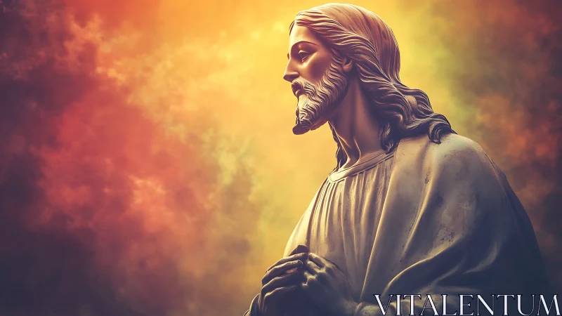 Radiant devotional statue of Christ amid glowing clouds.