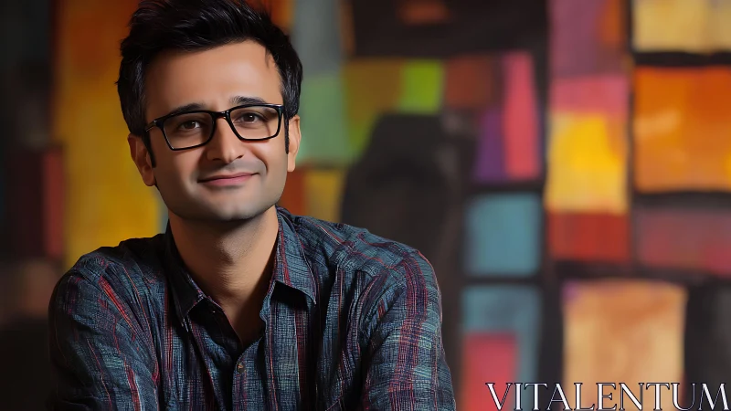 Warm smile in front of colorful abstract art wall