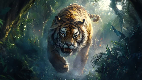 Predatory tiger charges through misty jungle light beams.