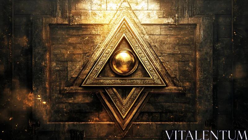 Golden triangular emblem with central orb on dark wall.