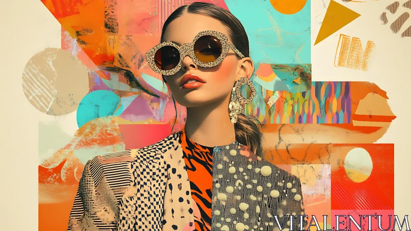 Bold fashion portrait against abstract geometric collage.