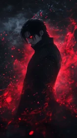 Dark anime antihero radiates crimson energy in profile view