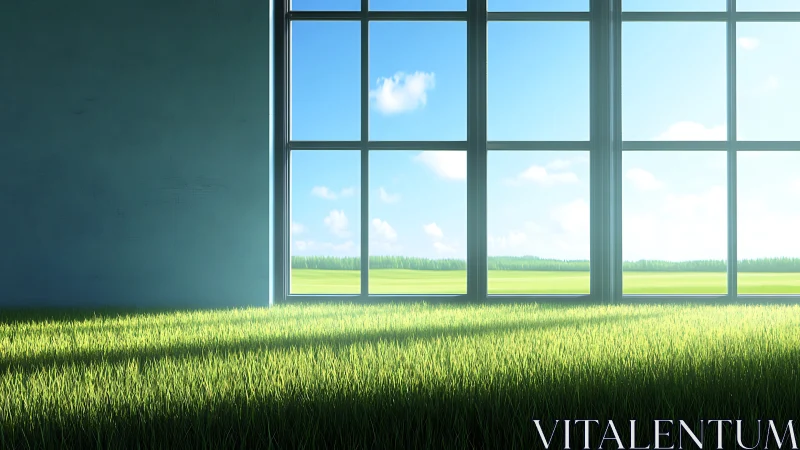 Interior wall edge with panoramic window over lawn field.