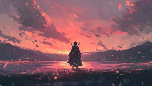 Solitary figure with swords observing a vivid sunset sky.