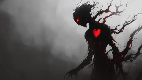 Dark humanoid figure with glowing red heart in mist