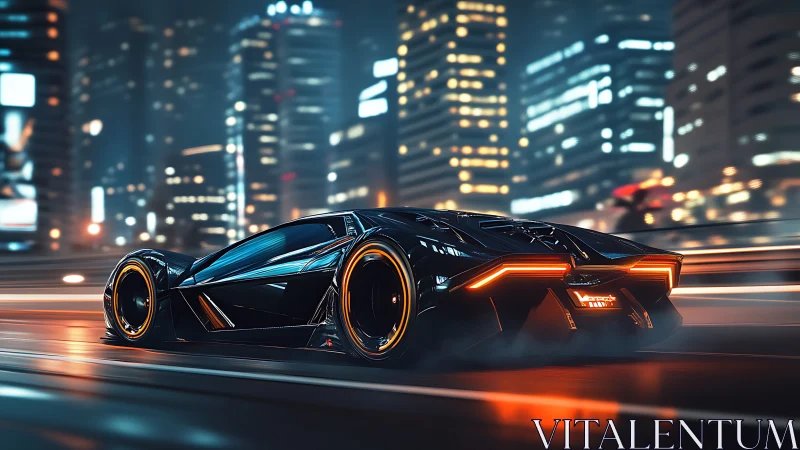 Futuristic electric supercar racing through neon city night.
