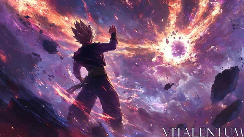 Starlit warrior defies a cosmic firestorm in violet skies.