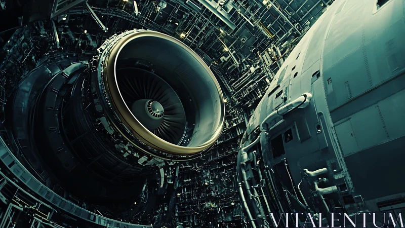Wide-angle view isolates futuristic aircraft turbine assembly