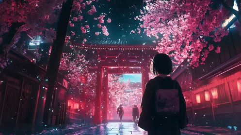 Girl beneath neon blossoms in a glowing spring street.