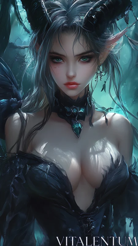 Forest-borne demon sorceress with emerald gaze and horns.