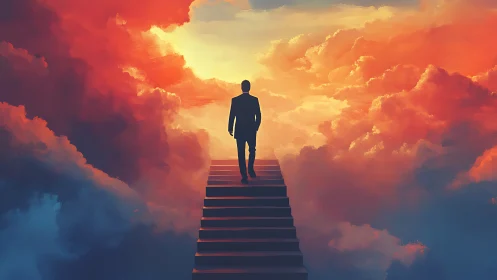 Solitary dreamer ascends sunlit stairway through crimson sky.