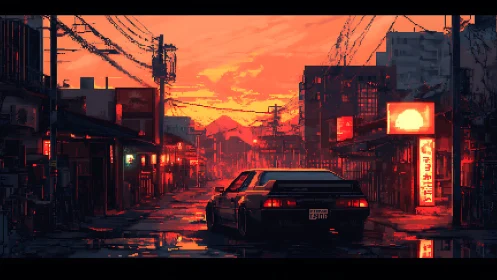 Pixel art neo-noir streetscape with sunset-lit sports car.
