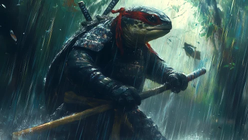 Anthropomorphic turtle warrior in rain-drenched armor.