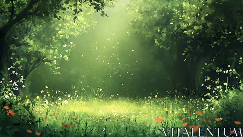 Enchanted meadow bathed in golden sunlight and blooming wildflowers